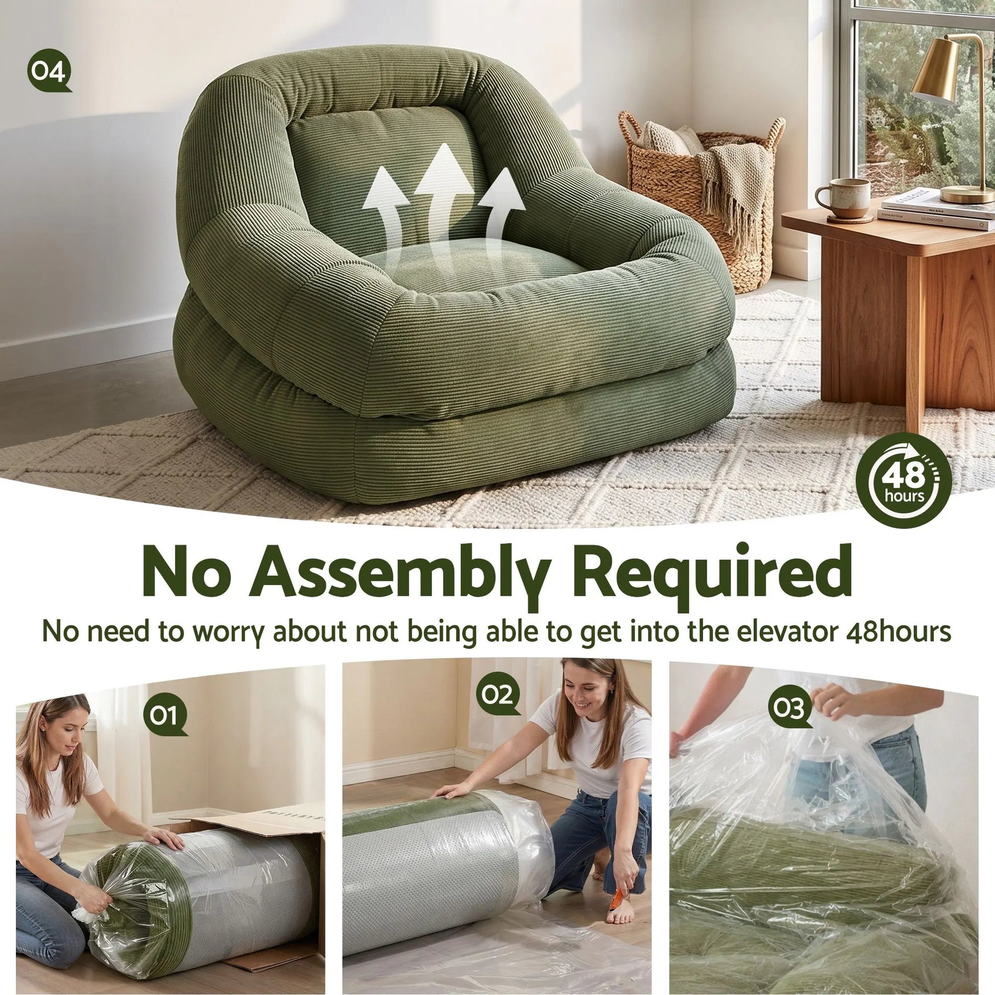Artiss Armchair Floor Chair Couch Recliner 1 Seater Cloud Chaise Lounge Corduroy Green - Image 5