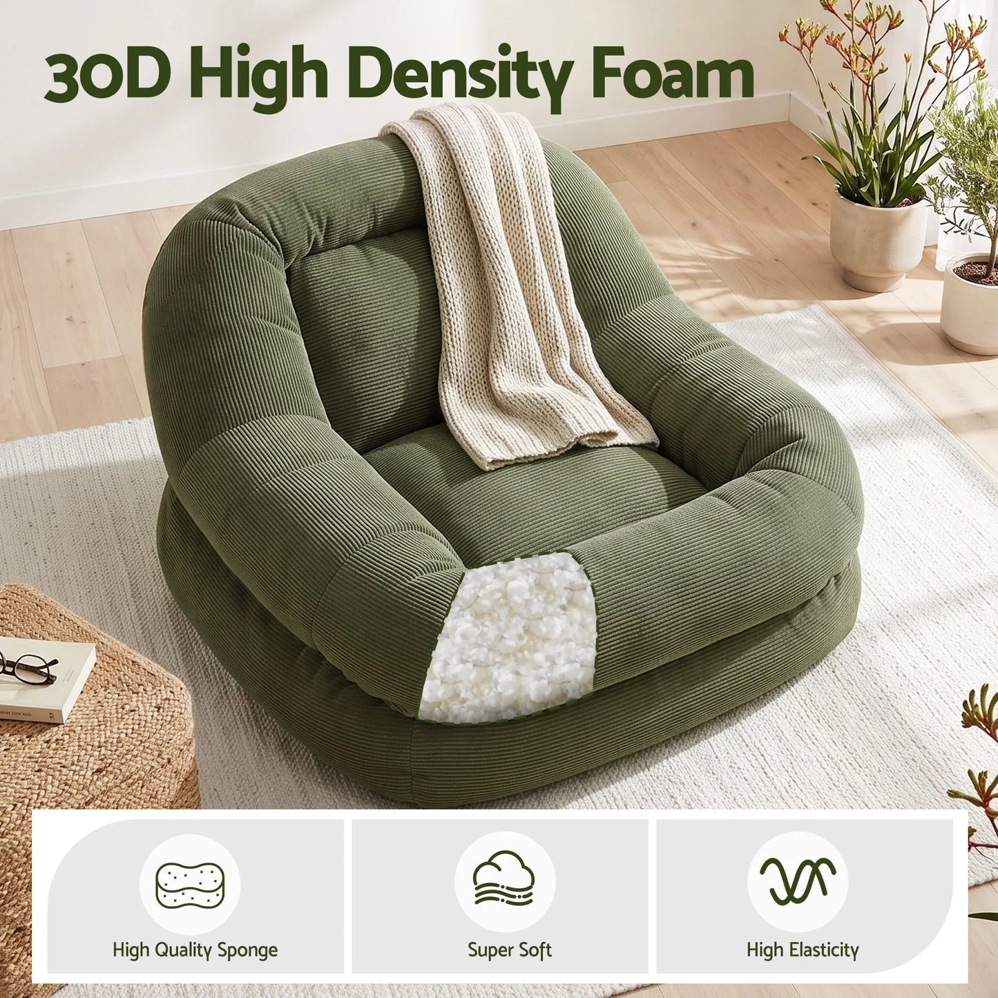 Artiss Armchair Floor Chair Couch Recliner 1 Seater Cloud Chaise Lounge Corduroy Green - Image 7