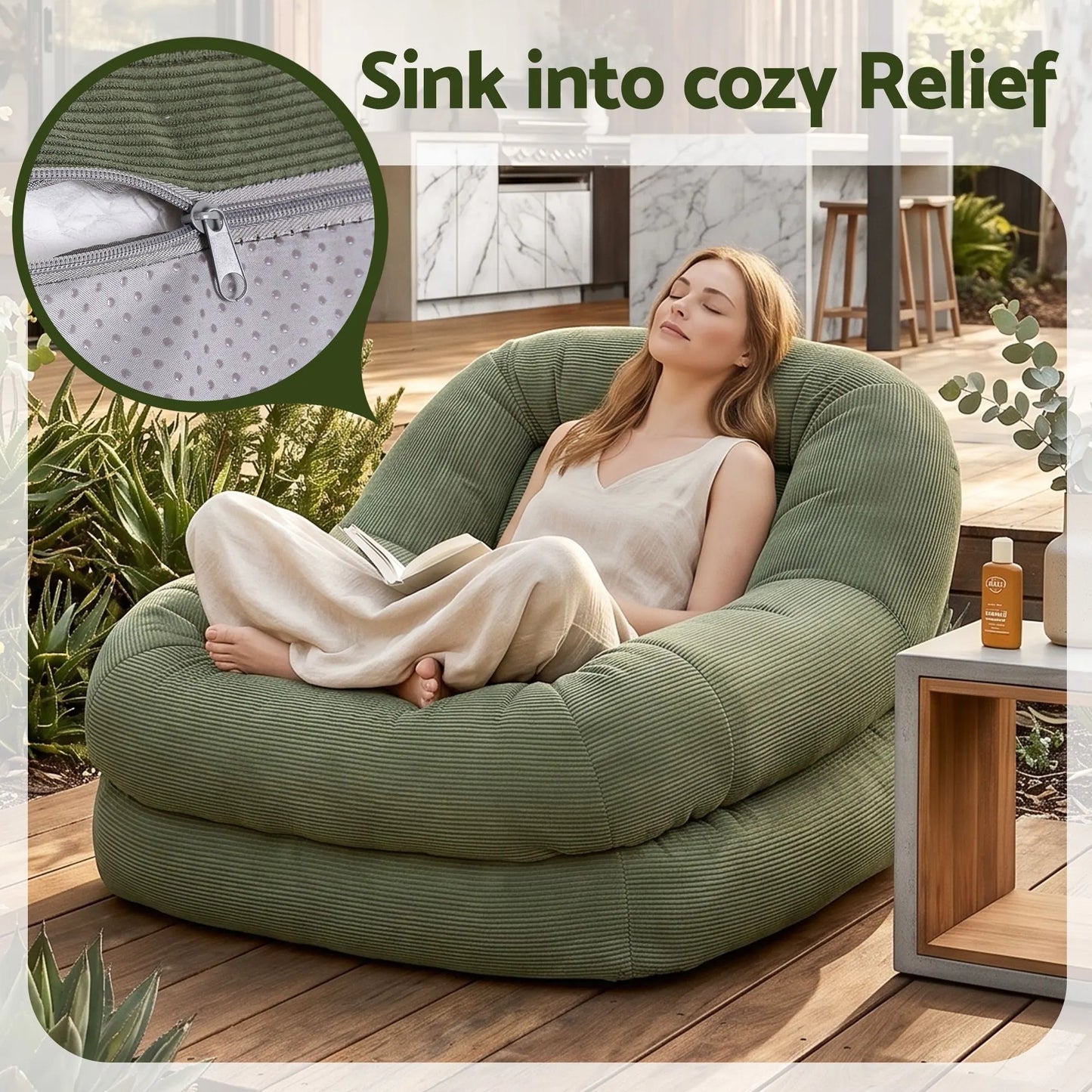 Artiss Armchair Floor Chair Couch Recliner 1 Seater Cloud Chaise Lounge Corduroy Green - Image 8