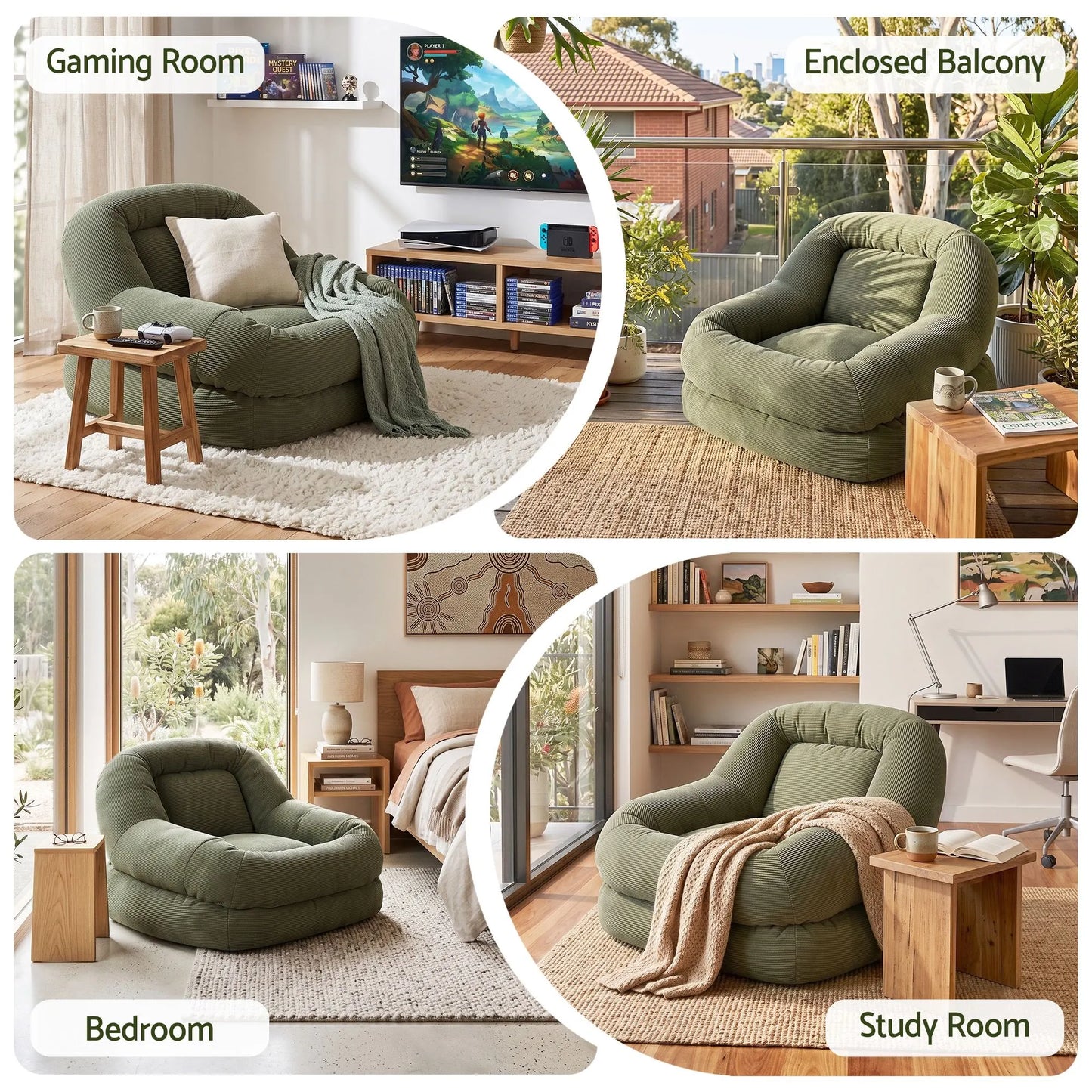 Artiss Armchair Floor Chair Couch Recliner 1 Seater Cloud Chaise Lounge Corduroy Green - Image 9