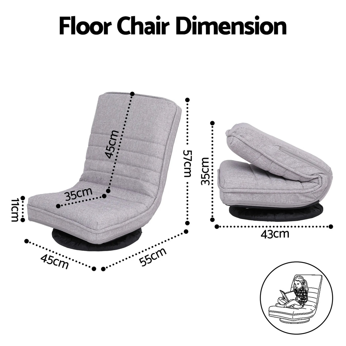 Ariss Swivel Floor Chair 360 Adjustable Foldable Lounge Seat Floor Sofa Chair Grey - Image 2