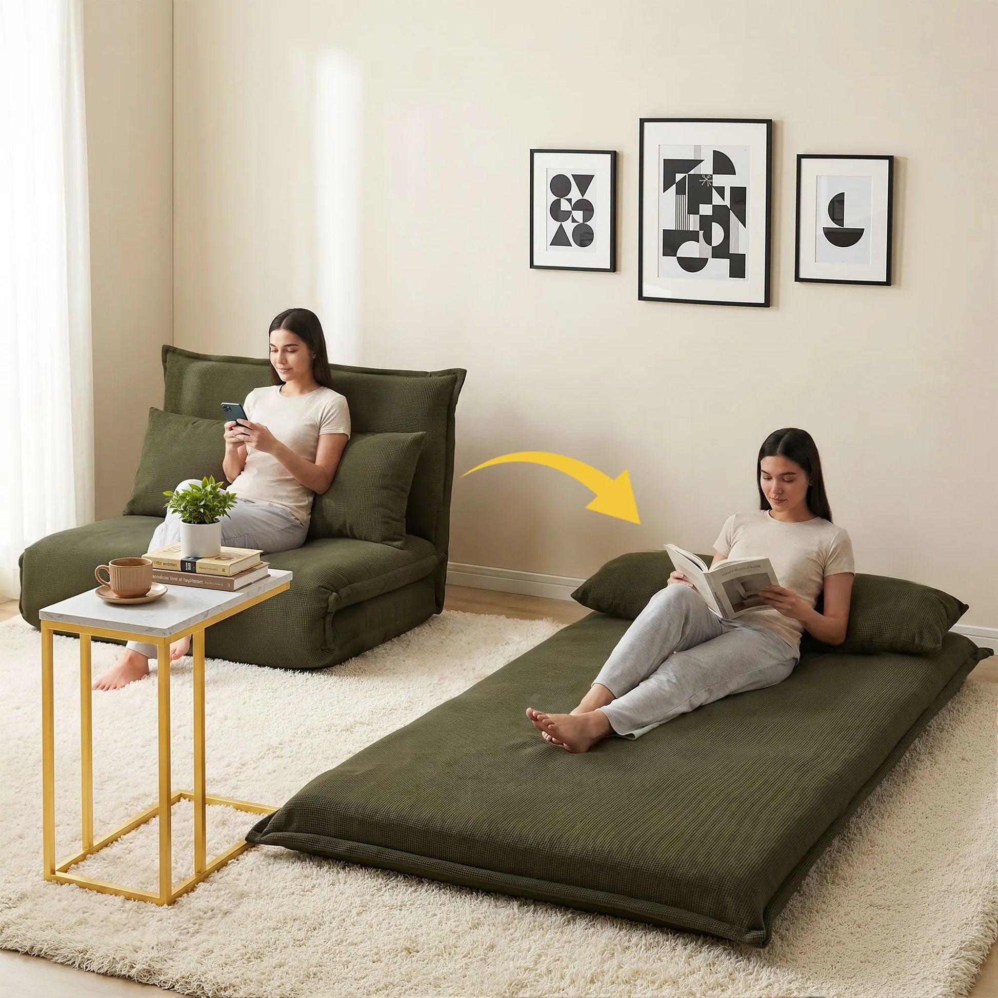 Artiss Floor Lounge Sofa Bed Folding Chaise Chair Green & Coffee Table Side Table Marble Effect
