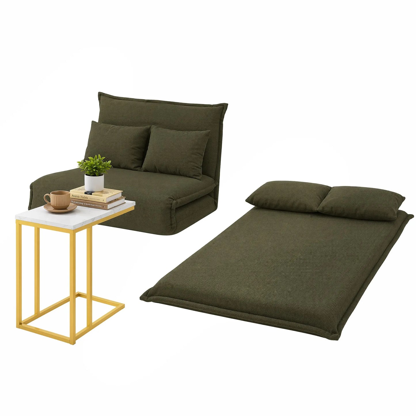 Artiss Floor Lounge Sofa Bed Folding Chaise Chair Green & Coffee Table Side Table Marble Effect - Image 2