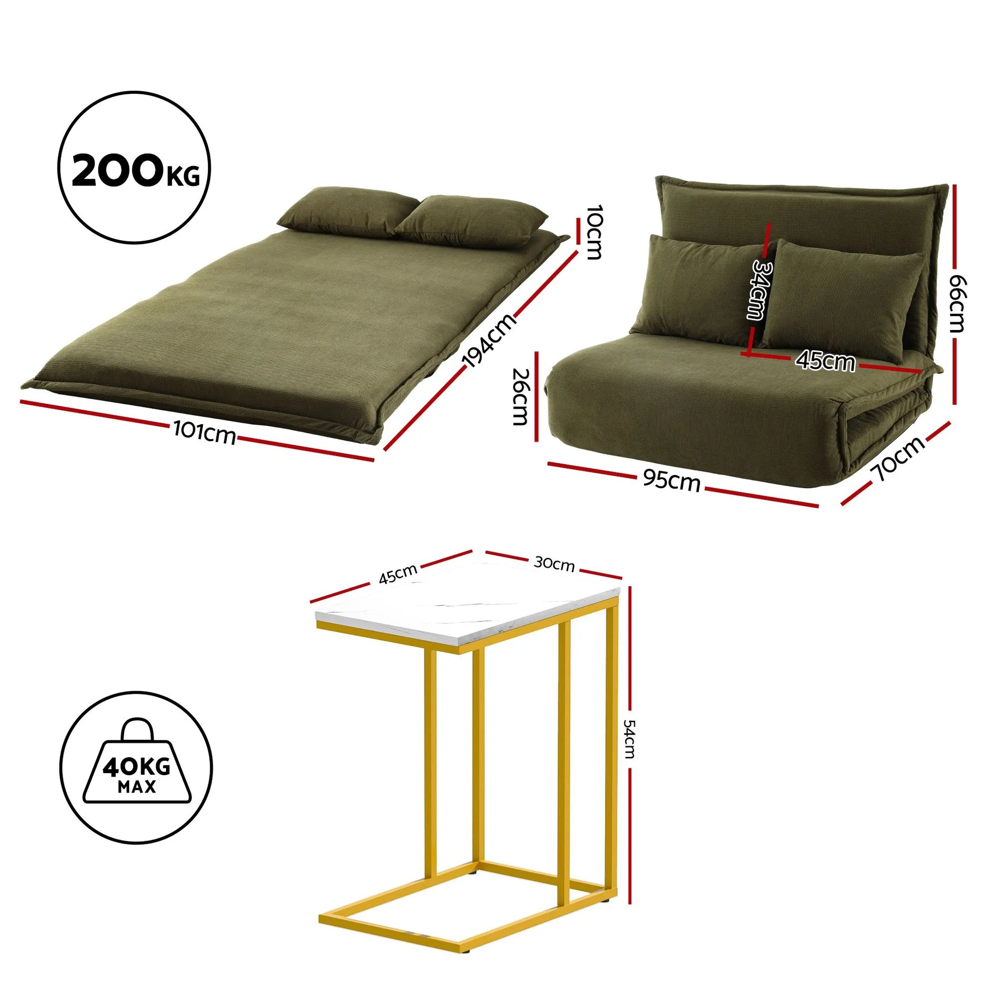 Artiss Floor Lounge Sofa Bed Folding Chaise Chair Green & Coffee Table Side Table Marble Effect - Image 3