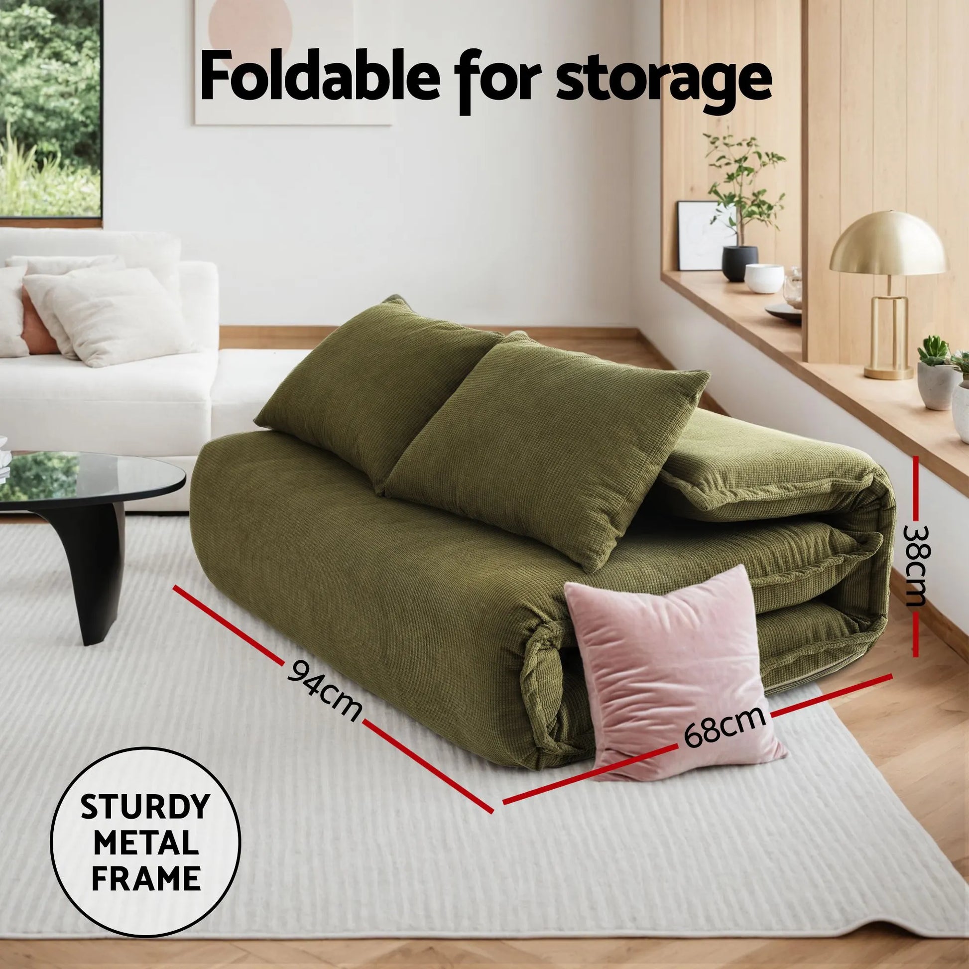 Artiss Floor Lounge Sofa Bed Folding Chaise Chair Green & Coffee Table Side Table Marble Effect - Image 7