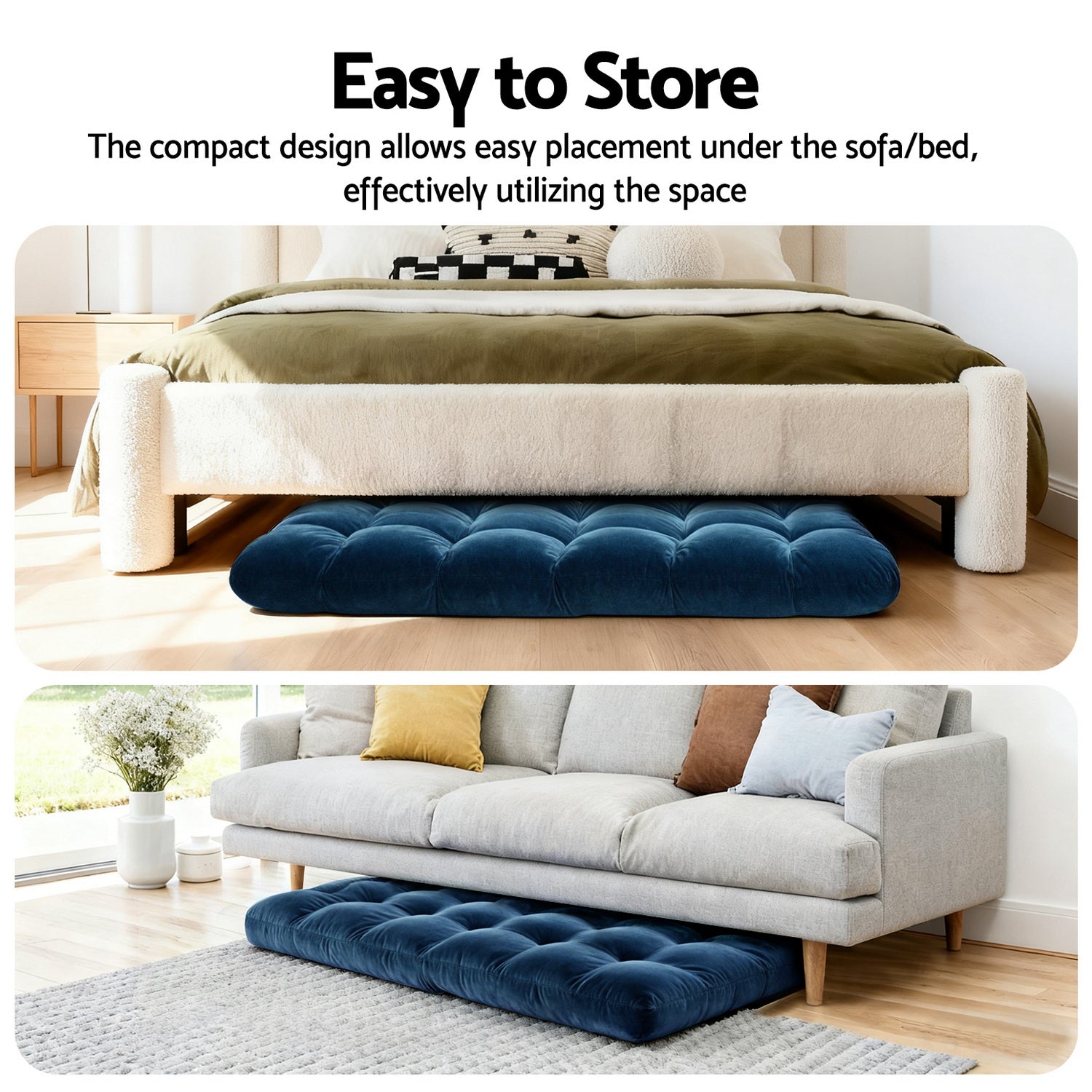 Artiss 2PCS Floor Lounge Sofa Bed Flannel Fabric Navy - Image 5
