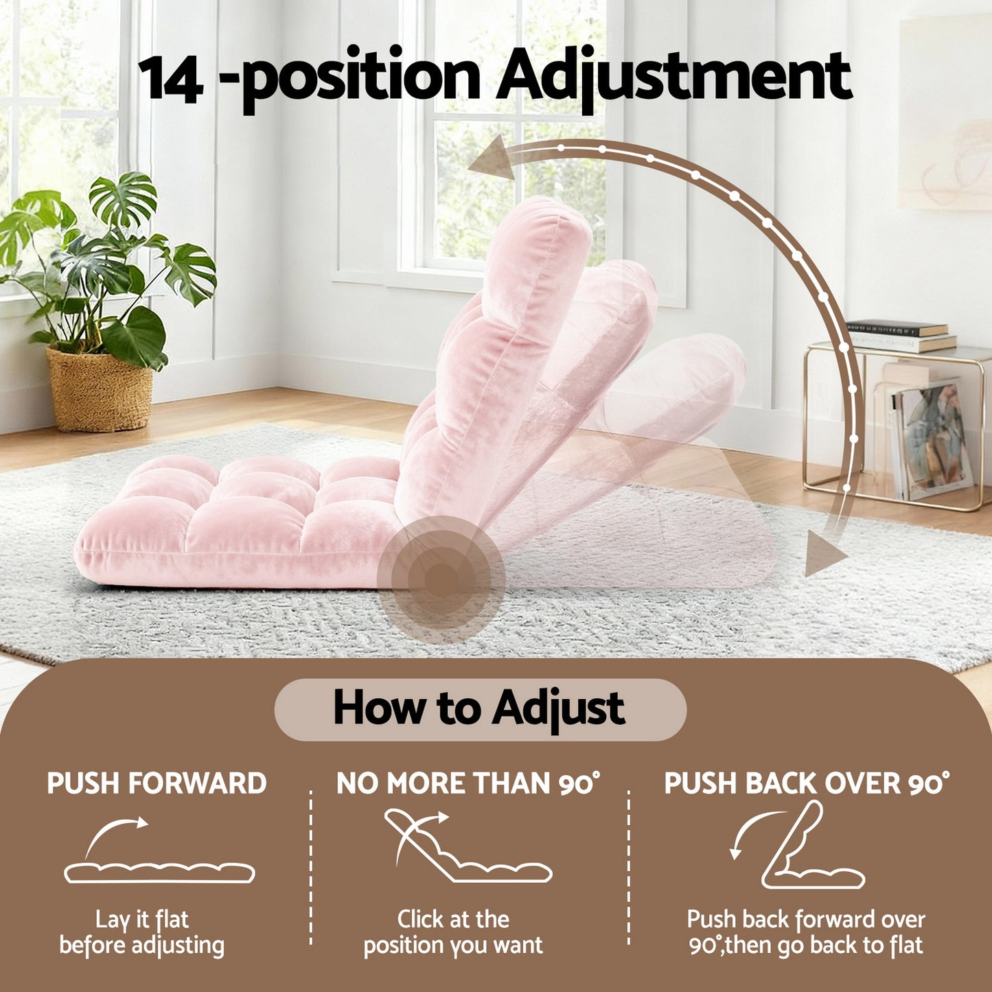 Artiss 2PCS Floor Lounge Sofa Bed Flannel Fabric Pink - Image 4