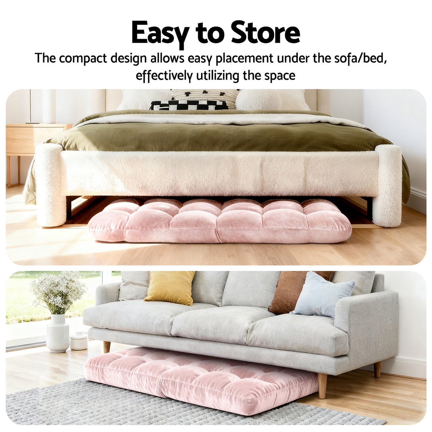 Artiss 2PCS Floor Lounge Sofa Bed Flannel Fabric Pink - Image 5