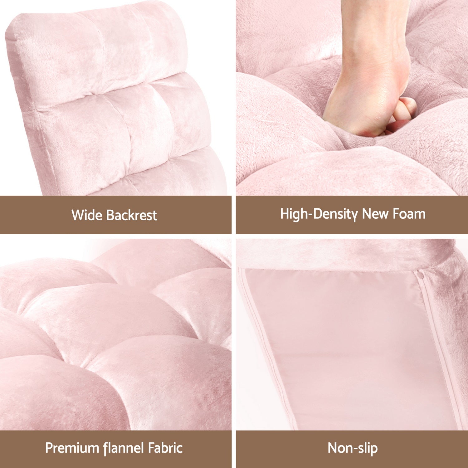 Artiss 2PCS Floor Lounge Sofa Bed Flannel Fabric Pink - Image 6