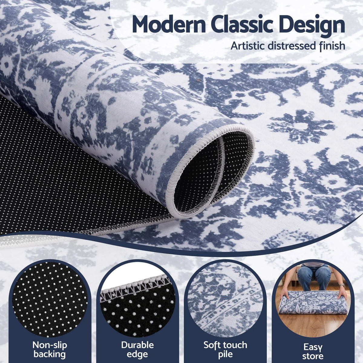 Artiss 120 cm Roung Rugs for Living Room Pad-Free Dense Dot Backing Stops Slipping & Robot Vacuum Friendly, Vintage Carpet for Reading Nook Dining Area, 100% Polyester Washable - Image 3
