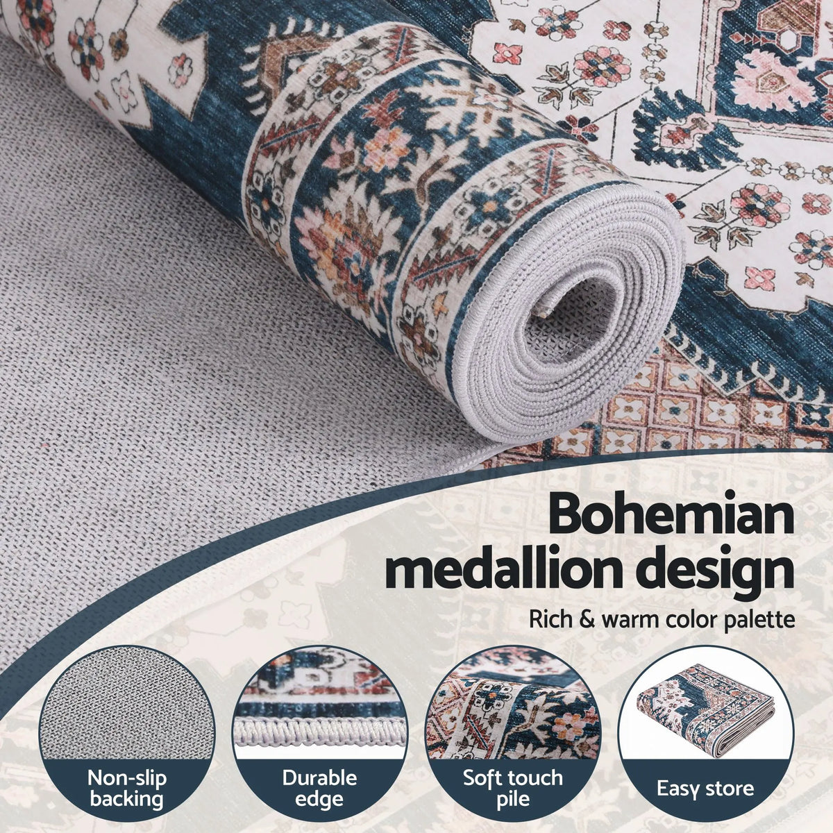 Artiss 80 x 300 cm Washable Runner Area Rug No Hard Glue Quilt-Like Soft for Home Decor, 0.5cm Ultra-Thin Pet Friendly Bohemian Medallion Bedroom Carpet - Image 3