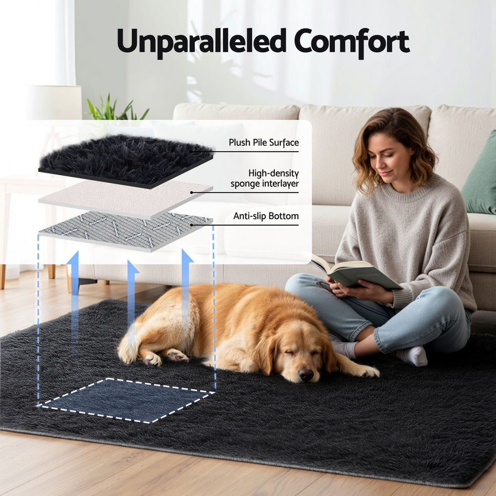Artiss Floor Rug 140x200cm Plush Area Shaggy Rug Living Room Bedroom Carpet Black - Image 4