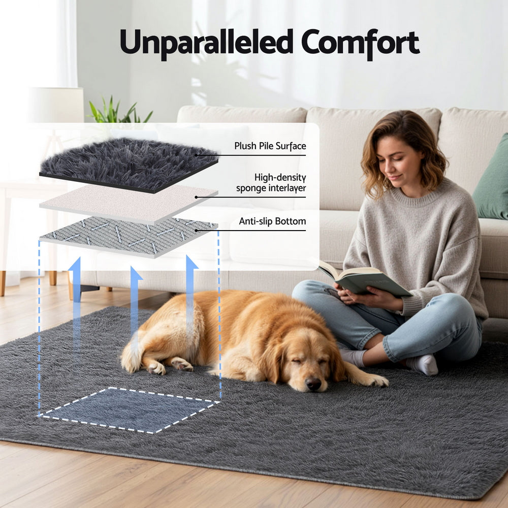 Artiss Floor Rug 140x200cm Plush Area Shaggy Rug Living Room Bedroom Carpet Grey - Image 4