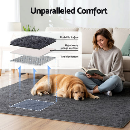 Artiss Floor Rug 140x200cm Plush Area Shaggy Rug Living Room Bedroom Carpet Grey - Image 4