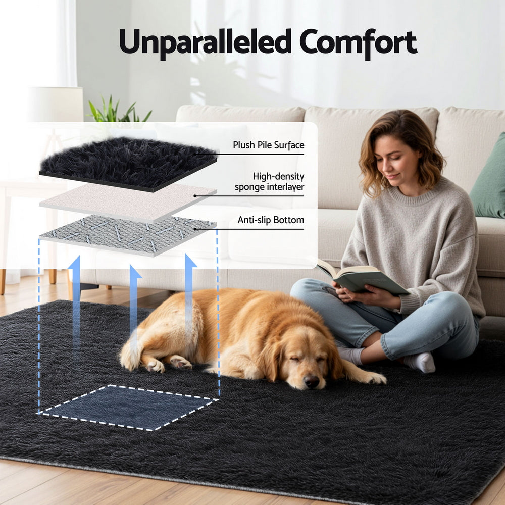 Artiss Floor Rug 160x230cm Plush Area Shaggy Rug Living Room Bedroom Carpet Black - Image 4