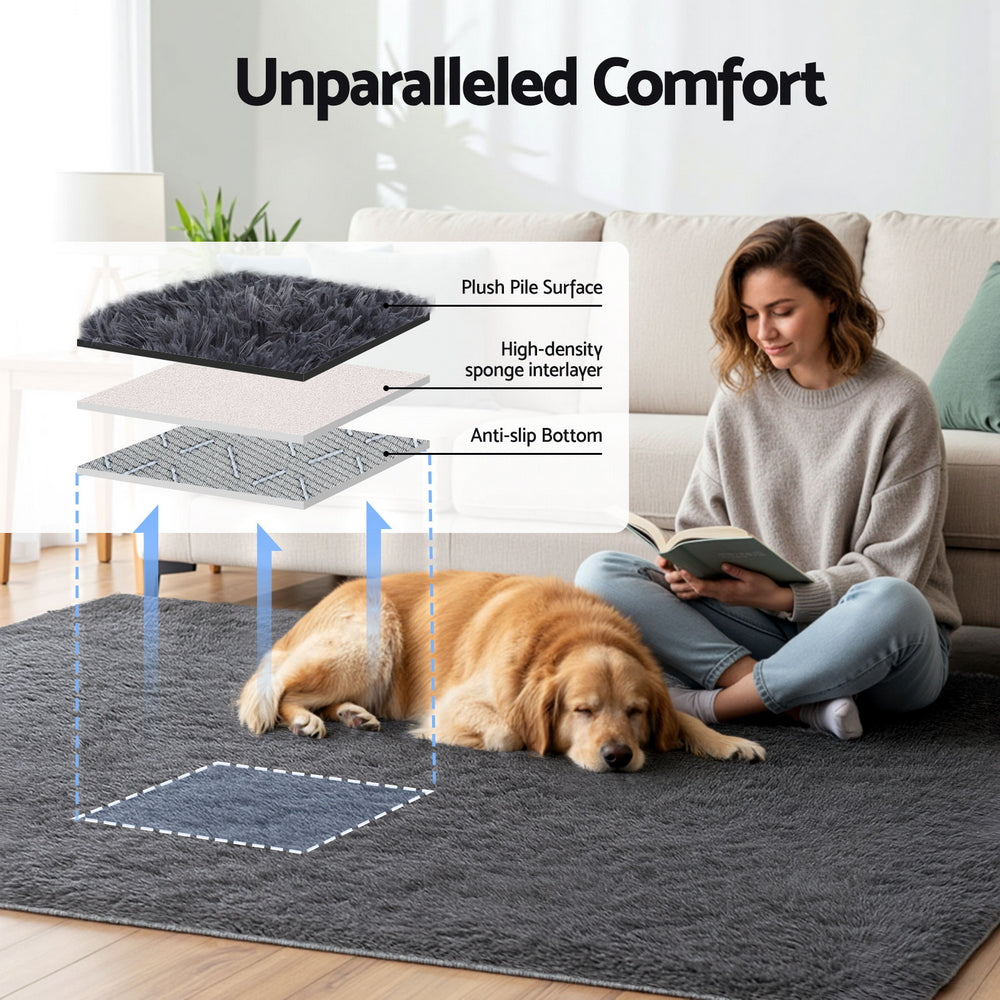 Artiss Floor Rug 160x230cm Plush Area Shaggy Rug Living Room Bedroom Carpet Grey - Image 4