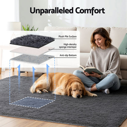 Artiss Floor Rug 160x230cm Plush Area Shaggy Rug Living Room Bedroom Carpet Grey - Image 4