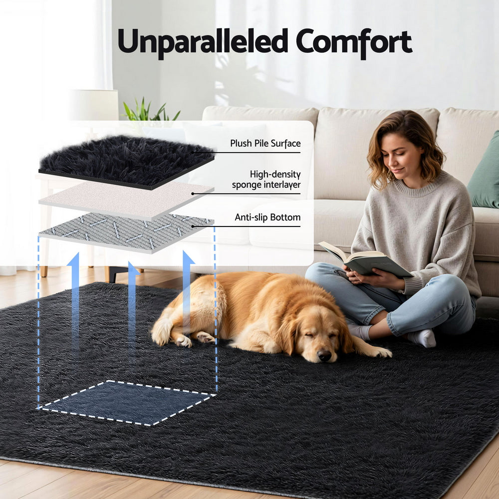Artiss Floor Rug 200x230cm Plush Area Shaggy Rug Living Room Bedroom Carpet Black - Image 4