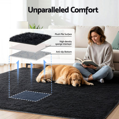 Artiss Floor Rug 200x230cm Plush Area Shaggy Rug Living Room Bedroom Carpet Black - Image 4