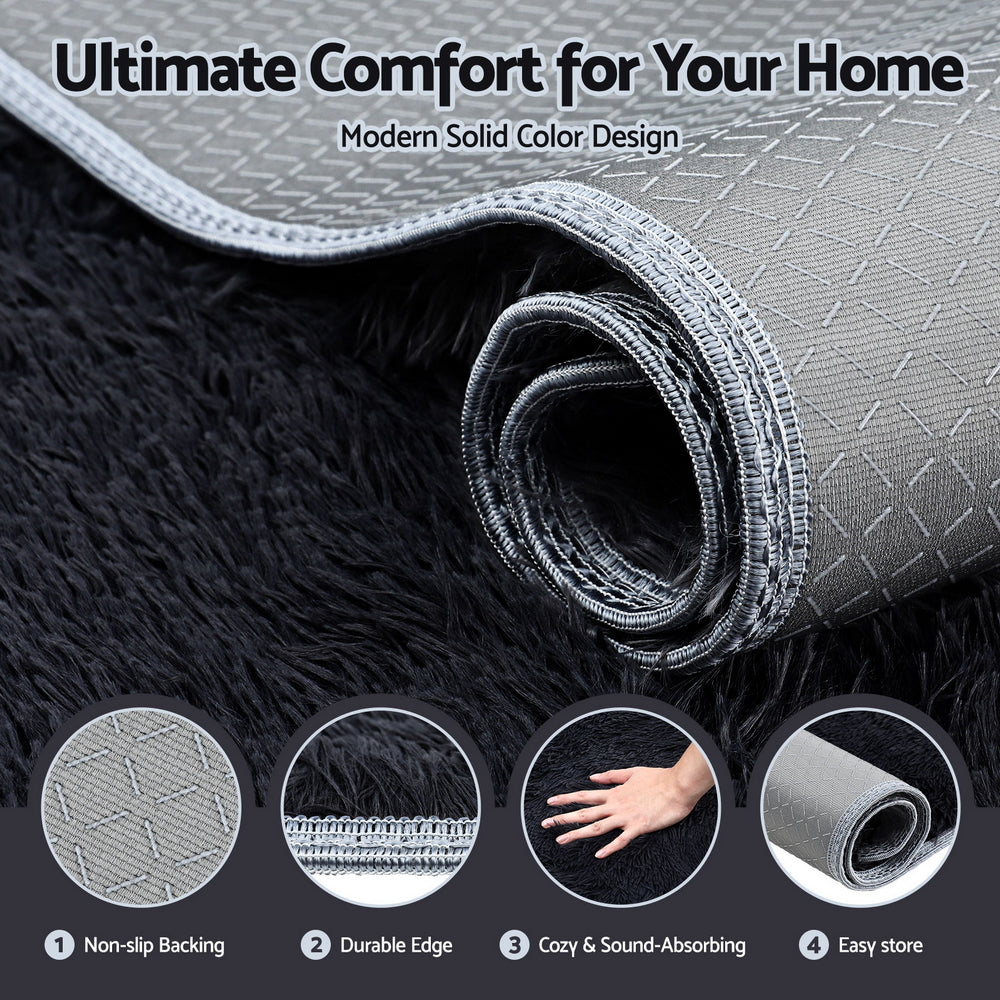 Artiss Floor Rug 200x230cm Plush Area Shaggy Rug Living Room Bedroom Carpet Black - Image 5