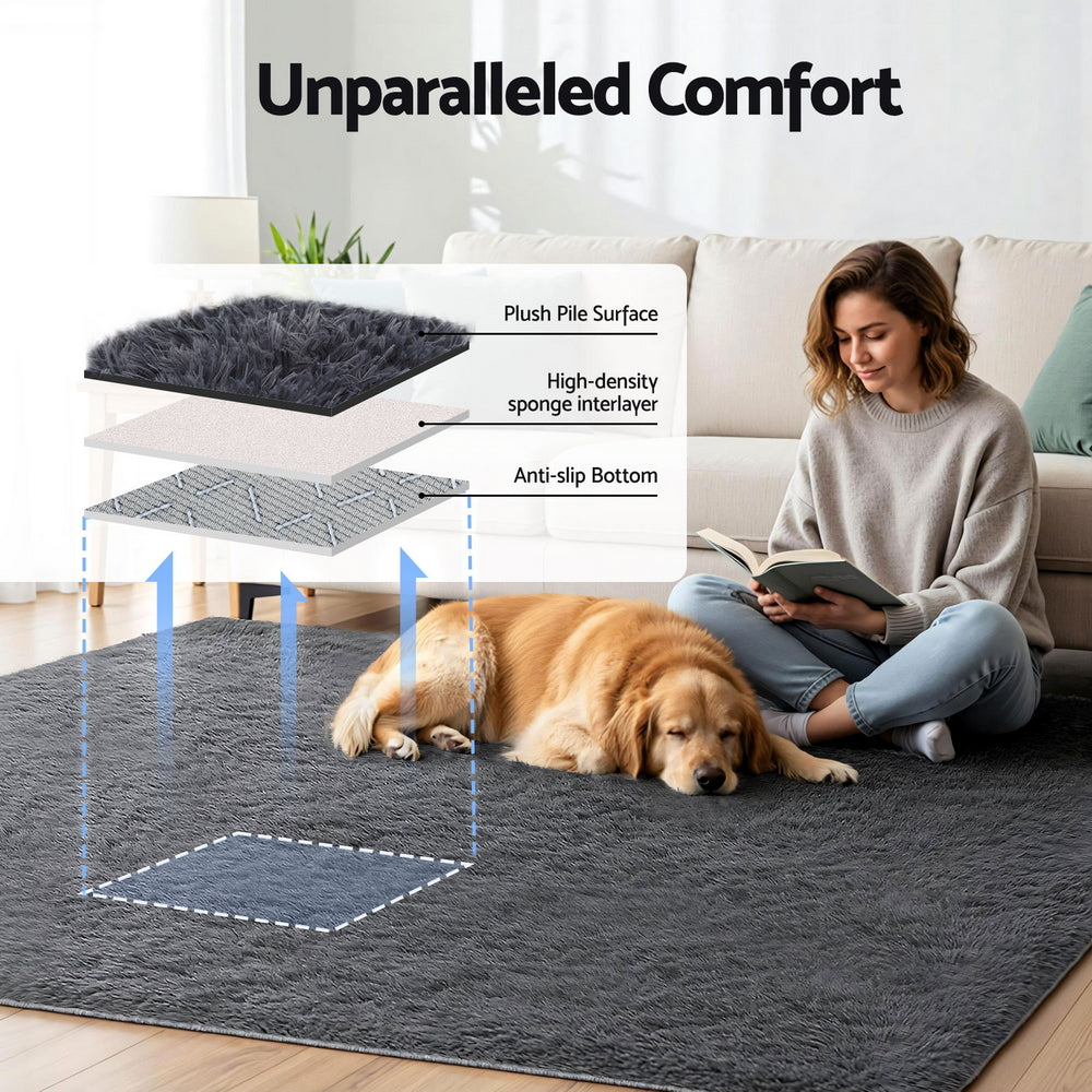 Artiss Floor Rug 200x230cm Plush Area Shaggy Rug Living Room Bedroom Carpet Grey - Image 4