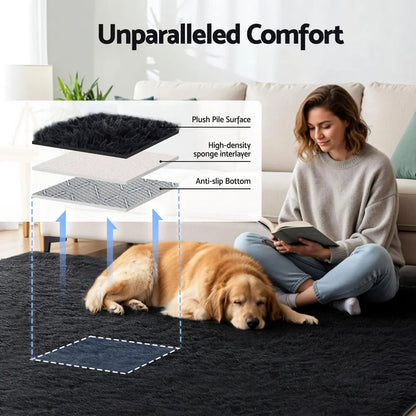 Artiss Floor Rug 200x290cm Plush Area Shaggy Rug Living Room Bedroom Carpet Black - Image 4