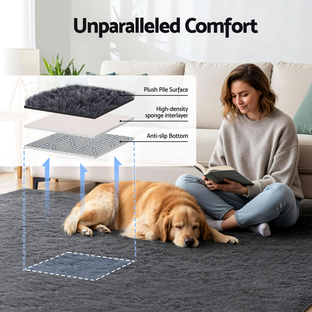 Artiss Floor Rug 200x290cm Plush Area Shaggy Rug Living Room Bedroom Carpet Grey - Image 4