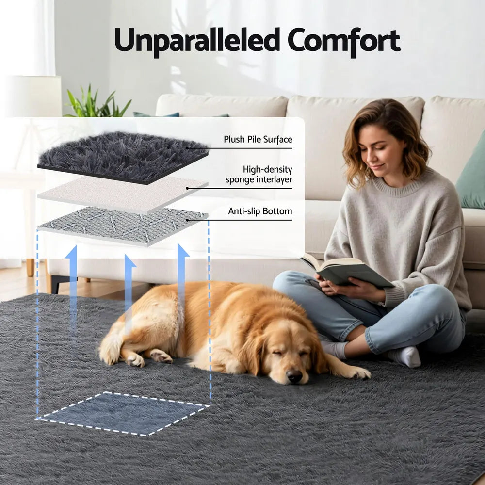 Artiss Floor Rug 200x290cm Plush Area Shaggy Rug Living Room Bedroom Carpet Grey - Image 4