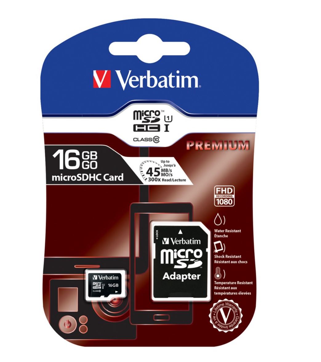 Verbatim Micro SDHC 16GB (Class 10) with Adaptor Up to 45MB/Sec 300X read speed - Flash Memory