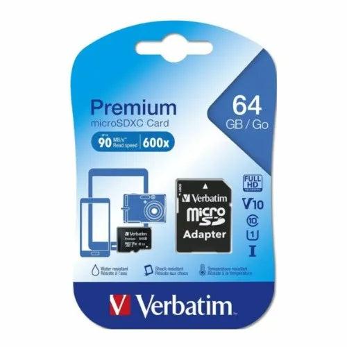 Verbatim 64GB Micro SDXC Card Class 10 UHS-I With Adaptor Up to 45MB/Sec 300X read speed - Flash...
