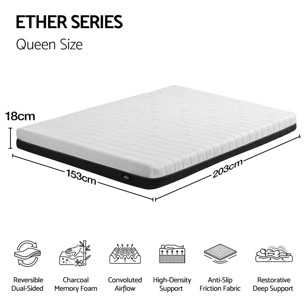 Giselle 18cm Queen Memory Foam Mattress Dual Feel Reversible Charcoal Foam