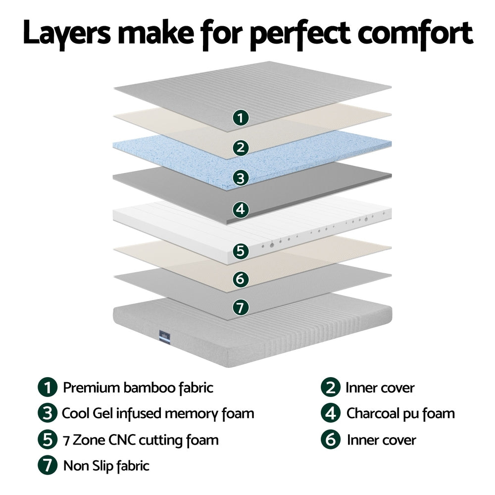 Giselle Bedding Cool Gel Memory Foam Mattress Charcoal 7-Zone Washable Bamboo Cover 15cm Double - Image 6