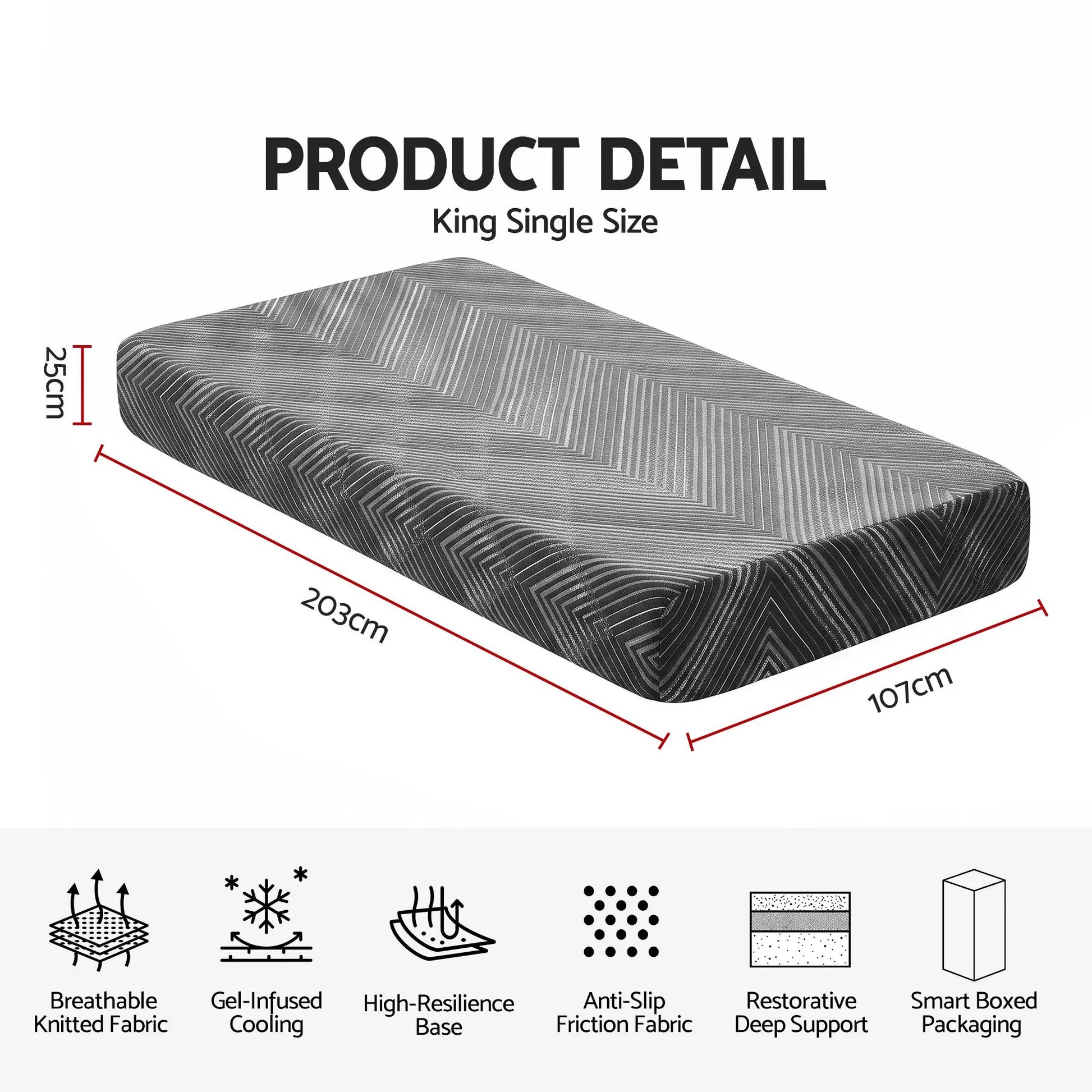 Giselle 25cm King Single Memory Foam Mattress Gel Infused Foam Removable Cover - Image 2