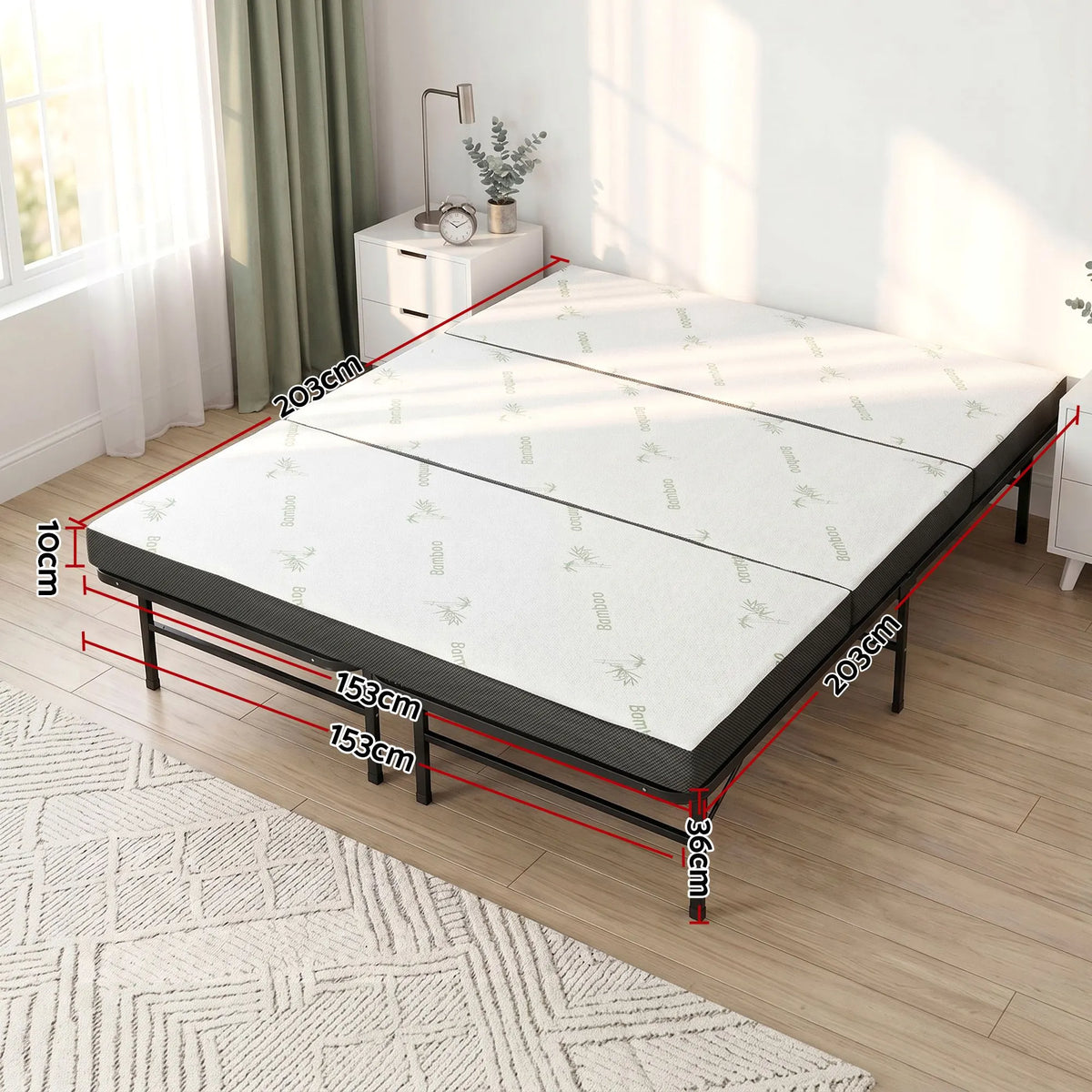 Giselle Folding Bed with Mattress Queen Portable Foldable Guest Bed Bamboo Cover - Image 2