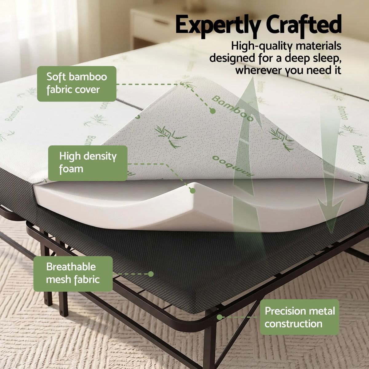 Giselle Folding Bed with Mattress Queen Portable Foldable Guest Bed Bamboo Cover - Image 4