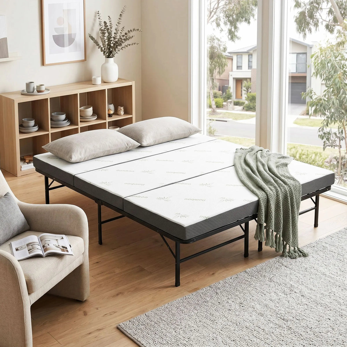 Giselle Folding Bed with Mattress Queen Portable Foldable Guest Bed Bamboo Cover - Image 8
