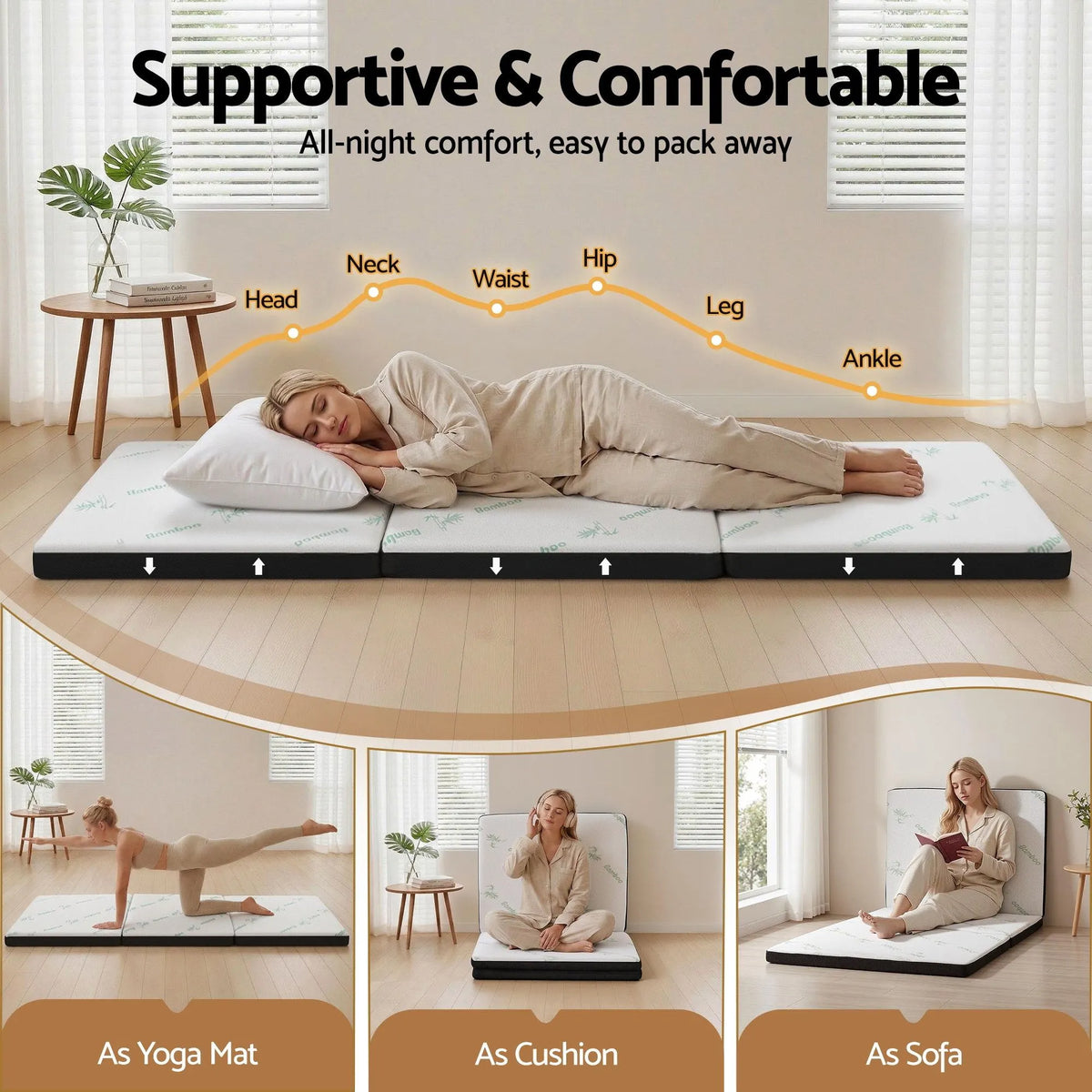 Giselle Folding Mattress 5cm Single Foldable Foam Bamboo Portable Camping Guest Bed Mat - Image 3