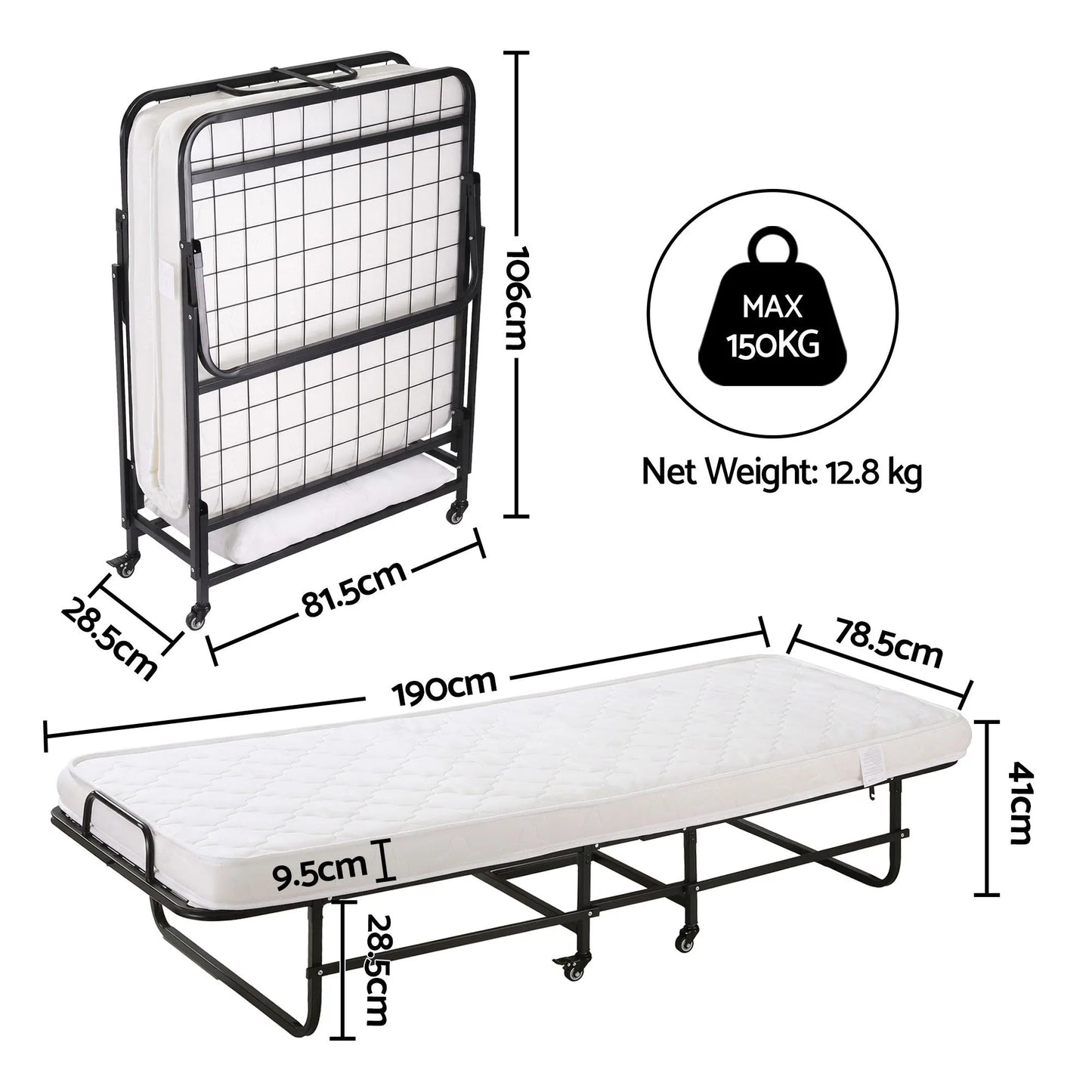 ARTISS Folding Bed with Mattress, Portable Rollaway 150kg Capacity 190CM - Image 3