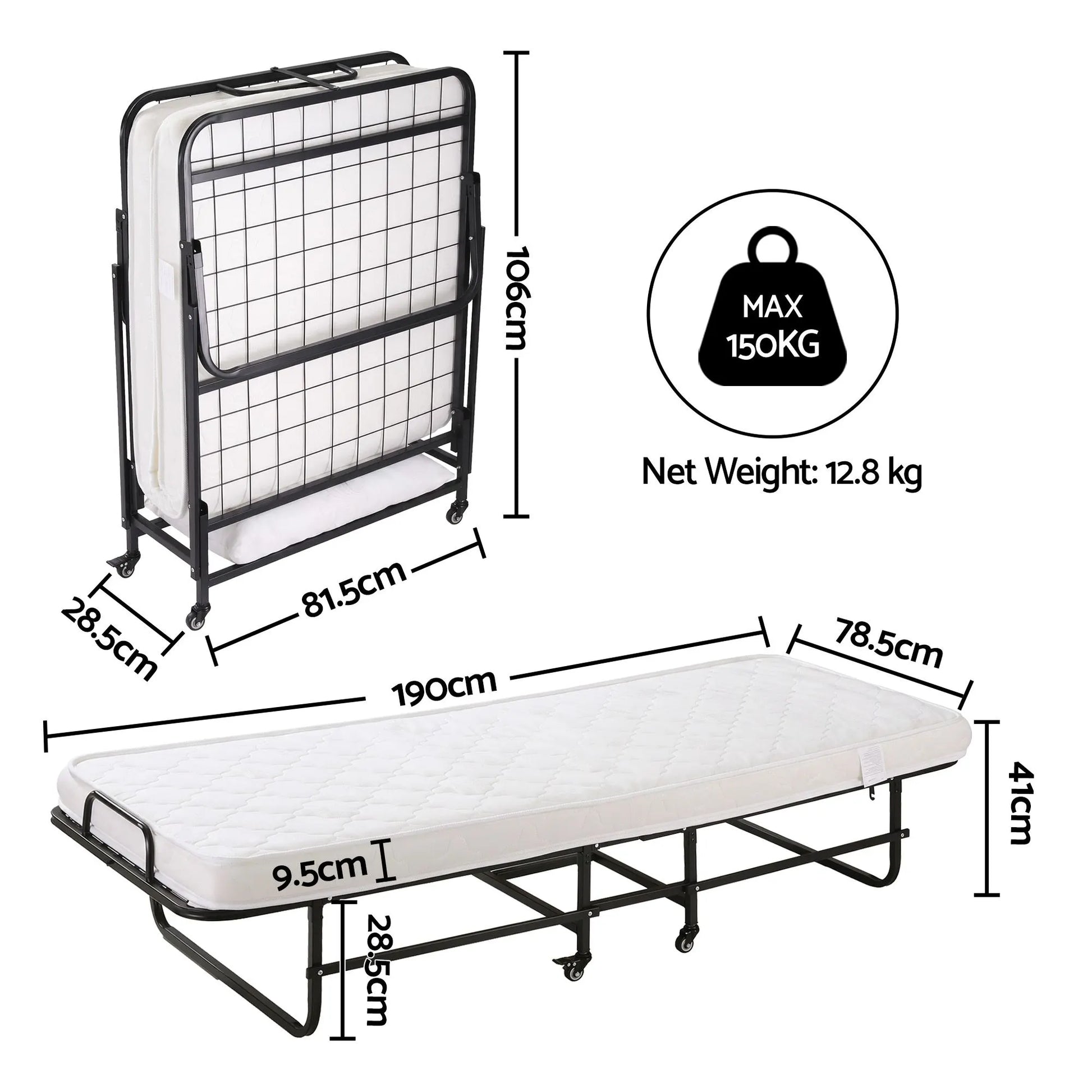 ARTISS Folding Bed with Mattress, Portable Rollaway 150kg Capacity 190CM - Image 3
