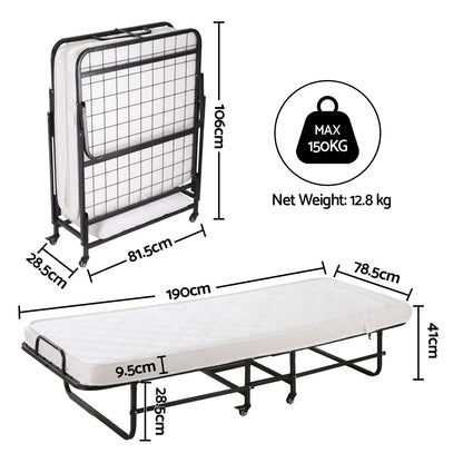 ARTISS Folding Bed with Mattress, Portable Rollaway 150kg Capacity 190CM - Image 3