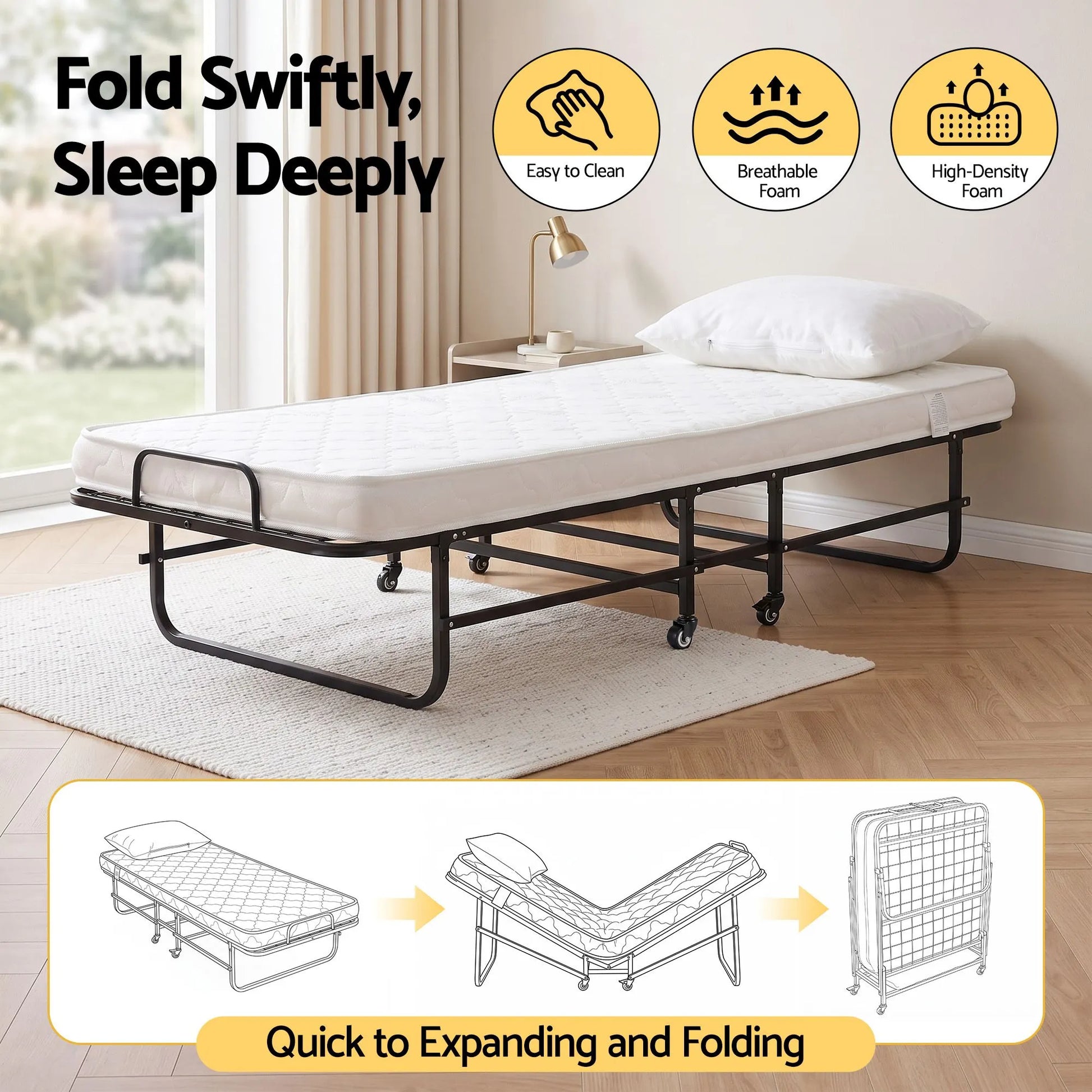 ARTISS Folding Bed with Mattress, Portable Rollaway 150kg Capacity 190CM - Image 5