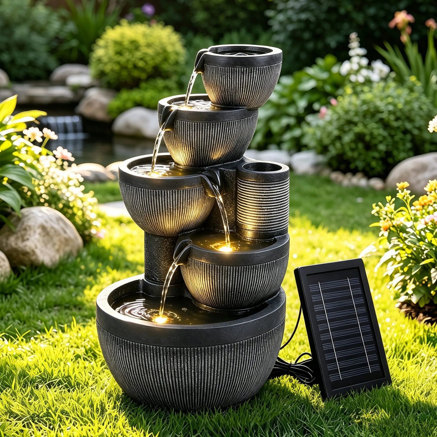Gardeon Solar Fountain Water Feature 5-Tier Cascading Bowl Grey 51cm