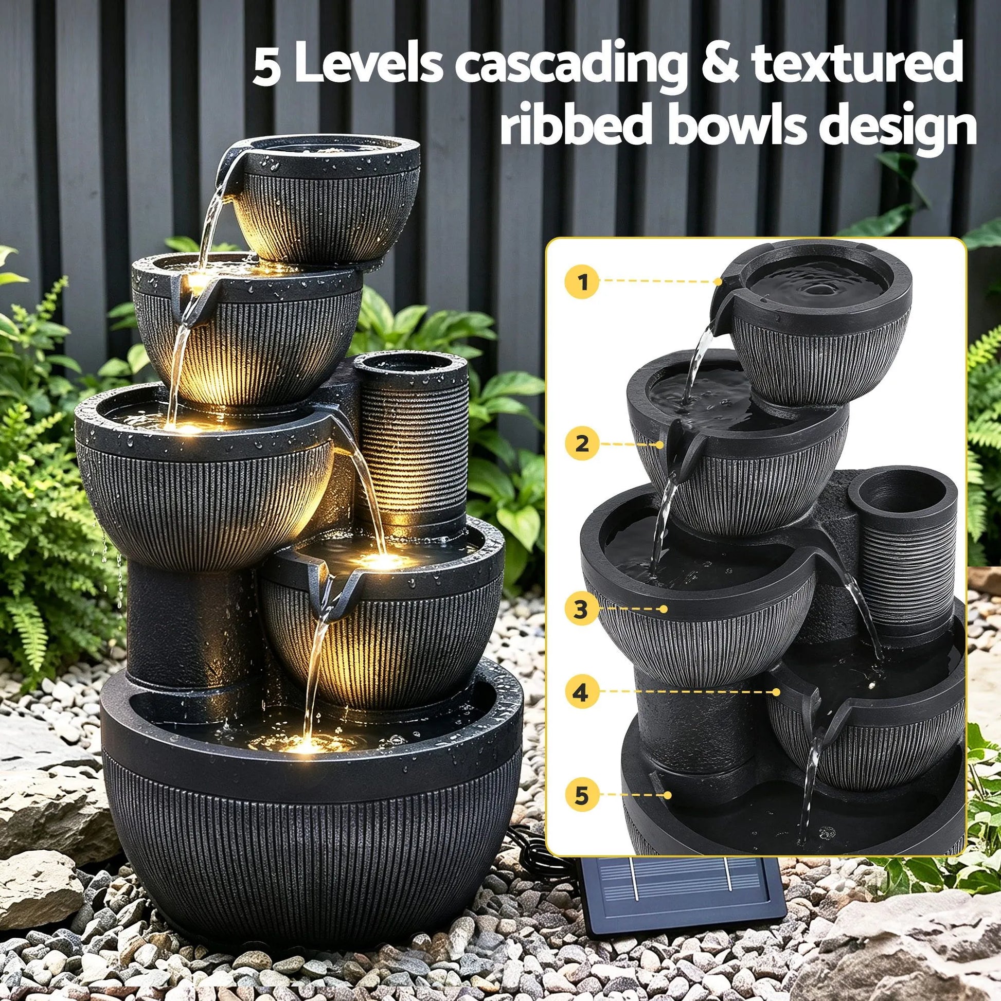 Gardeon Solar Fountain Water Feature 5-Tier Cascading Bowl Grey 51cm - Image 4