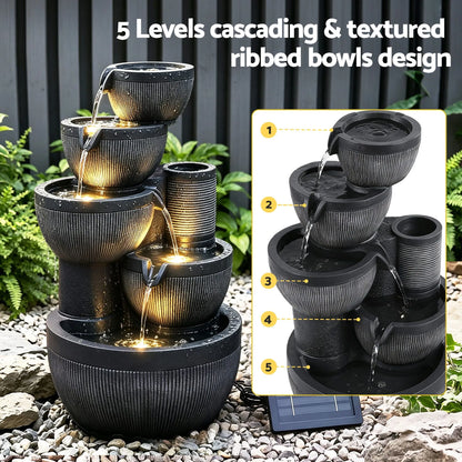 Gardeon Solar Fountain Water Feature 5-Tier Cascading Bowl Grey 51cm - Image 4