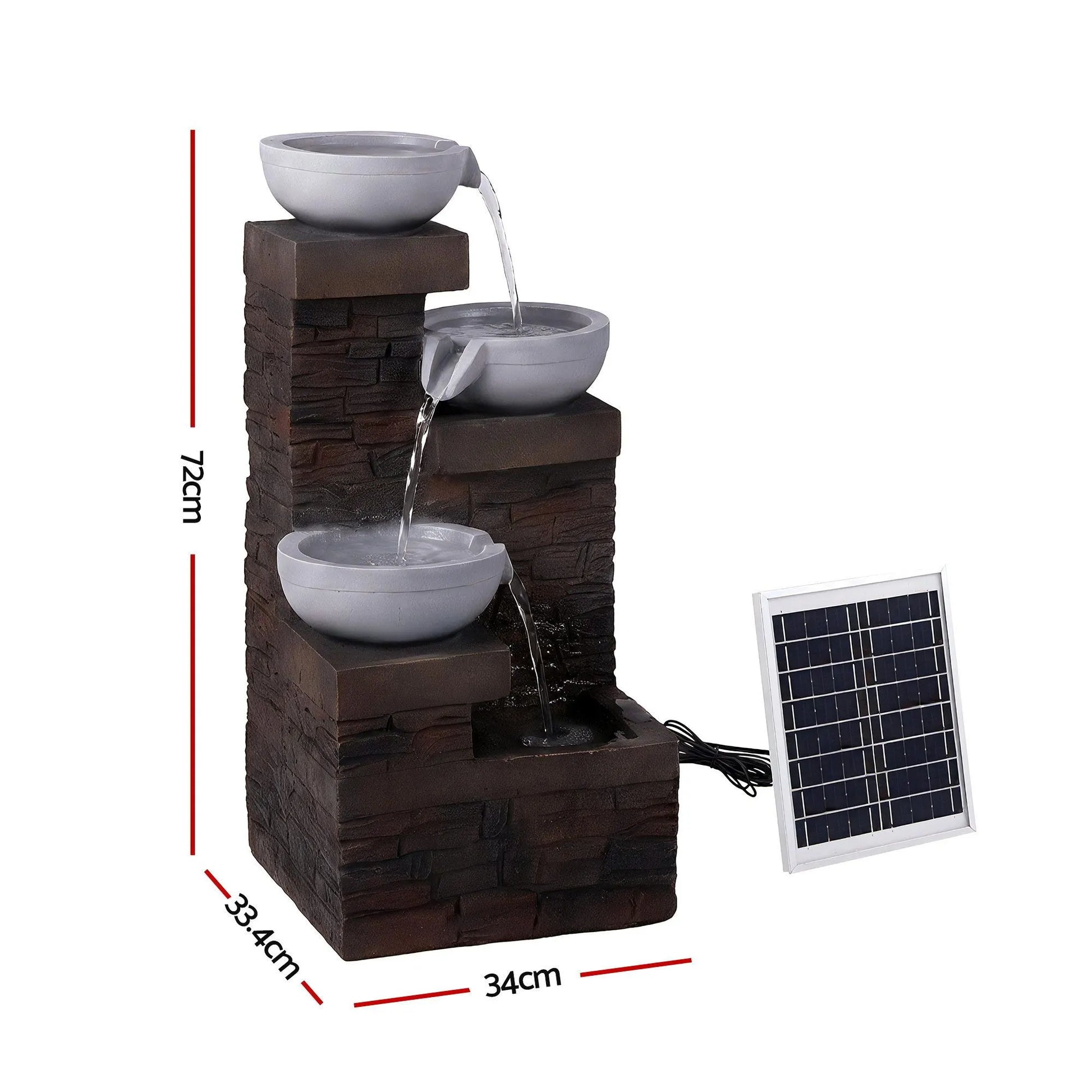 Gardeon Solar Fountain 4 Levels Cascading Bowl Water Feature 75cm Brown - Image 2