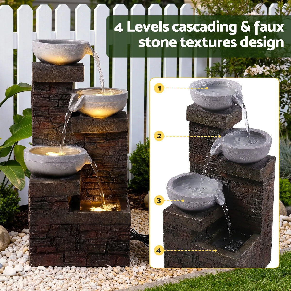 Gardeon Solar Fountain 4 Levels Cascading Bowl Water Feature 75cm Brown - Image 4