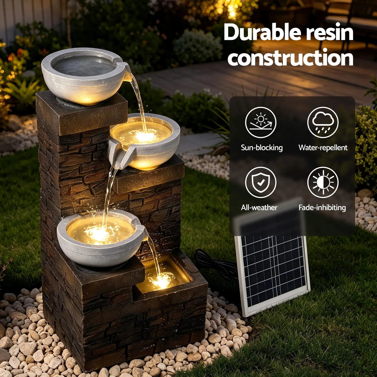 Gardeon Solar Fountain 4 Levels Cascading Bowl Water Feature 75cm Brown - Image 5