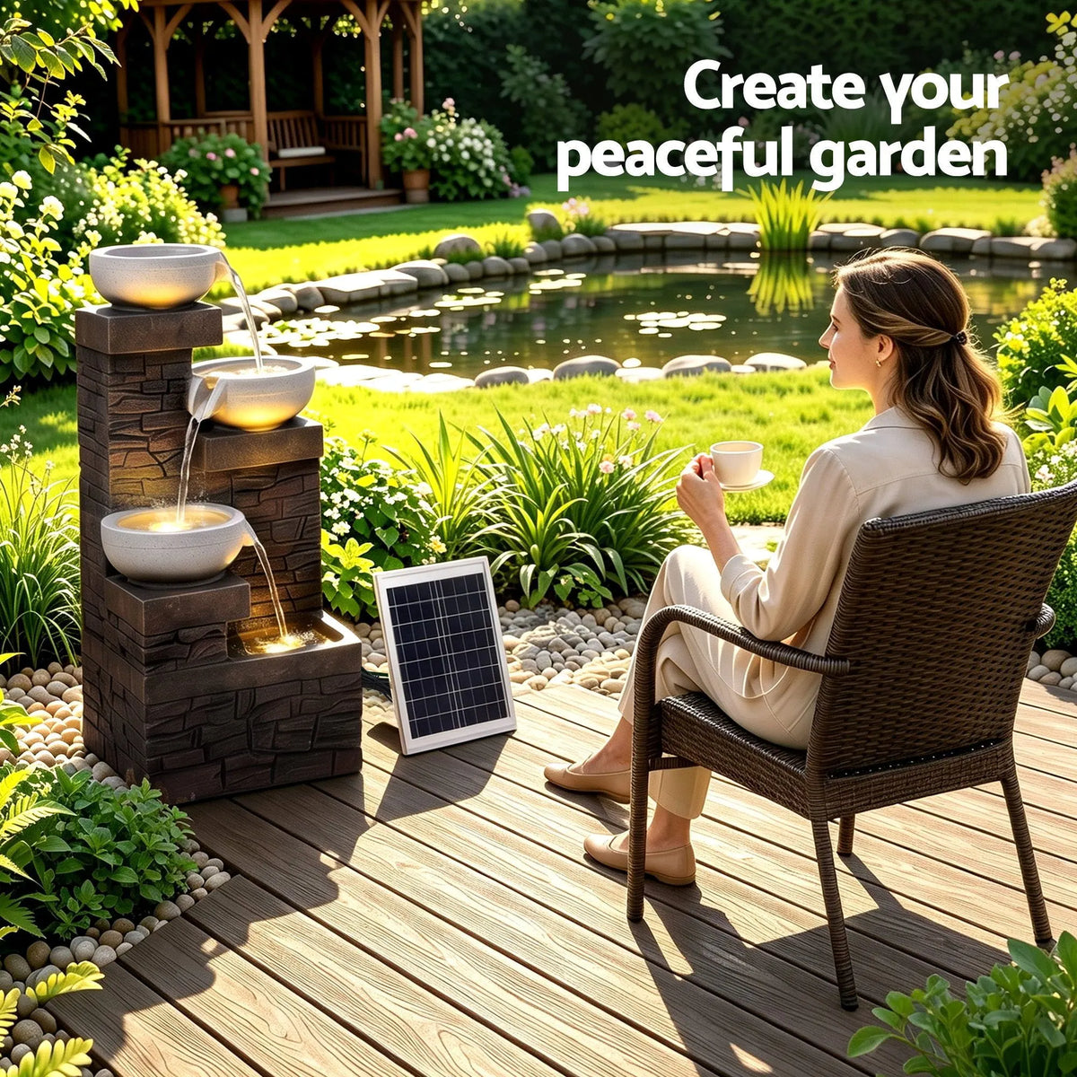 Gardeon Solar Fountain 4 Levels Cascading Bowl Water Feature 75cm Brown - Image 8
