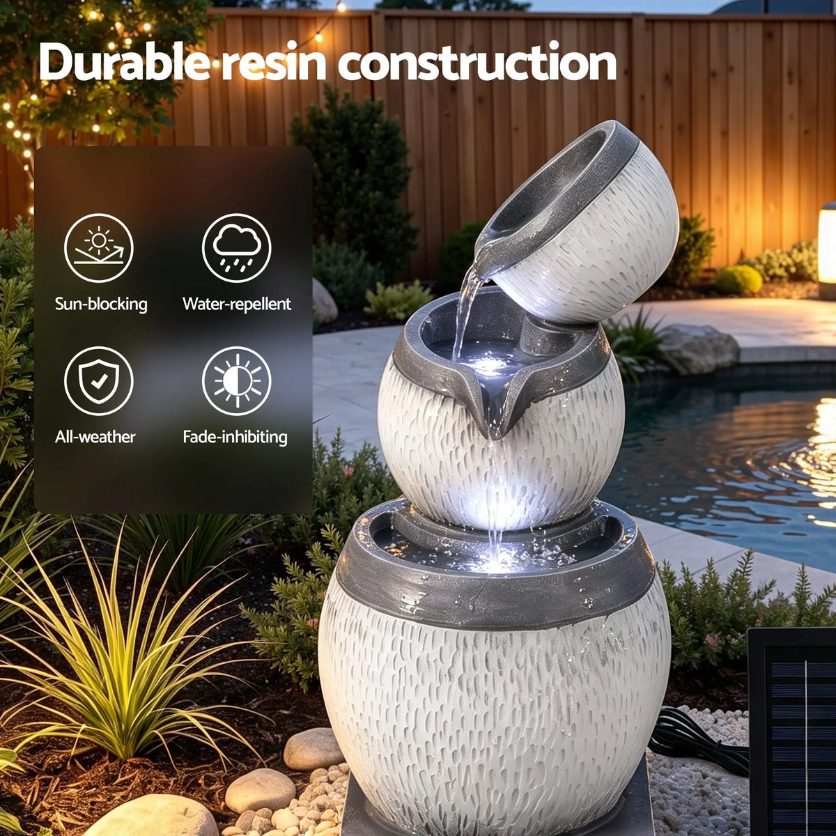 Gardeon Solar Fountain 3 Levels Cascading Bowl Water Feature 52cm Grey - Image 6