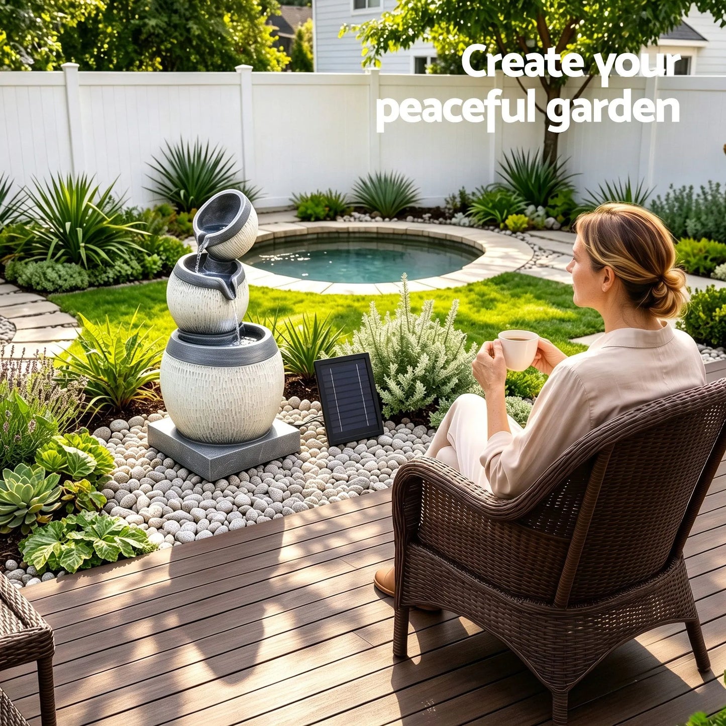 Gardeon Solar Fountain 3 Levels Cascading Bowl Water Feature 52cm Grey - Image 8